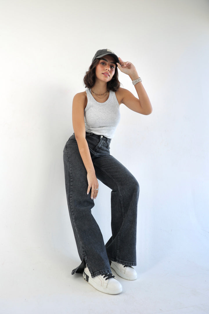 Straight Wide Leg Jeans - Dark Grey