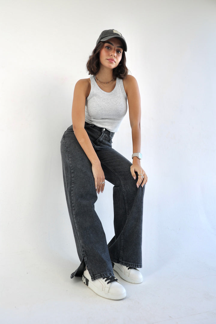 Straight Wide Leg Jeans - Dark Grey