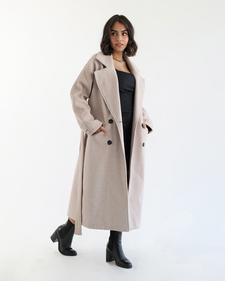 Wool Blend Oversized Coat - Beige