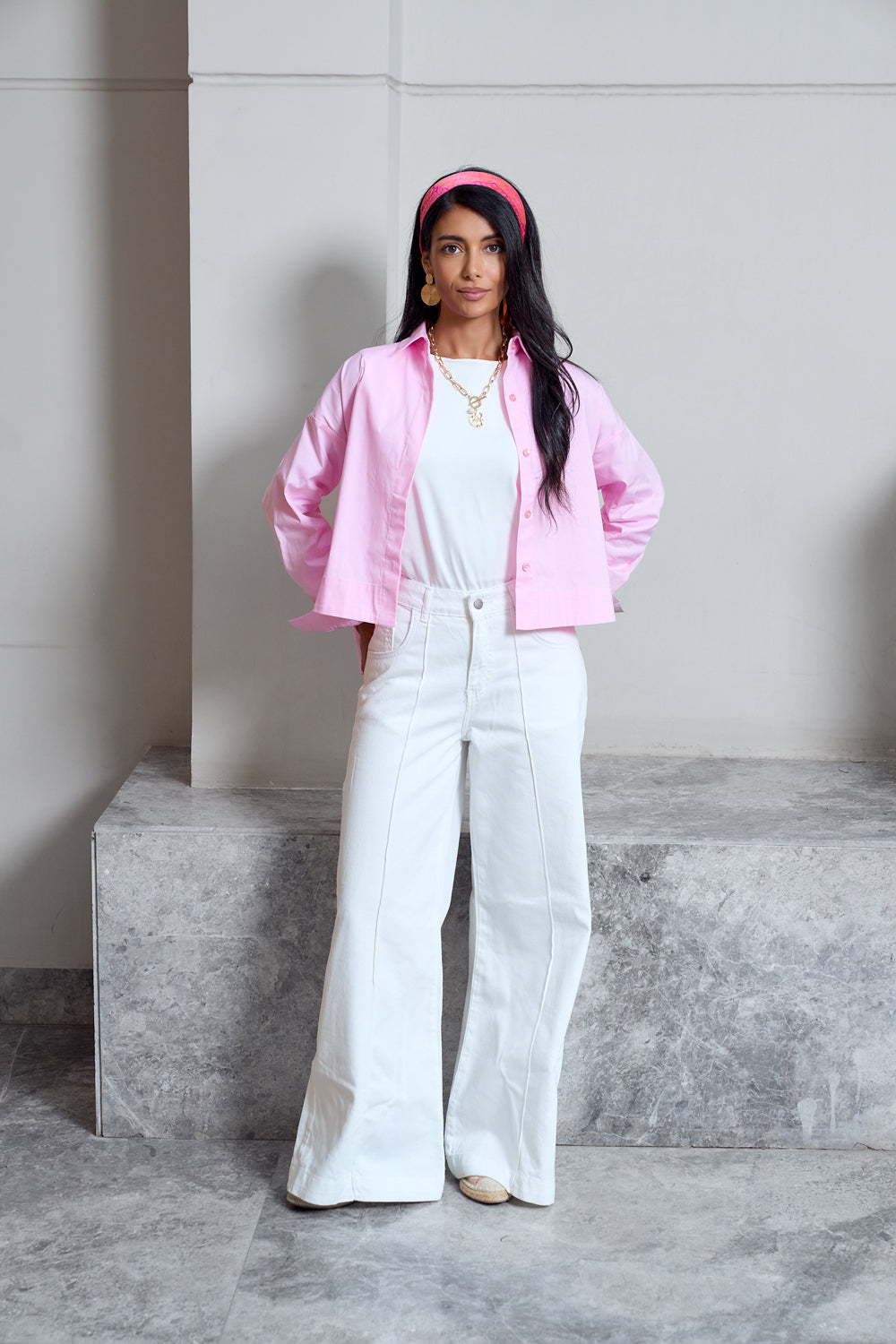 Cropped Poplin Shirt - Baby Pink