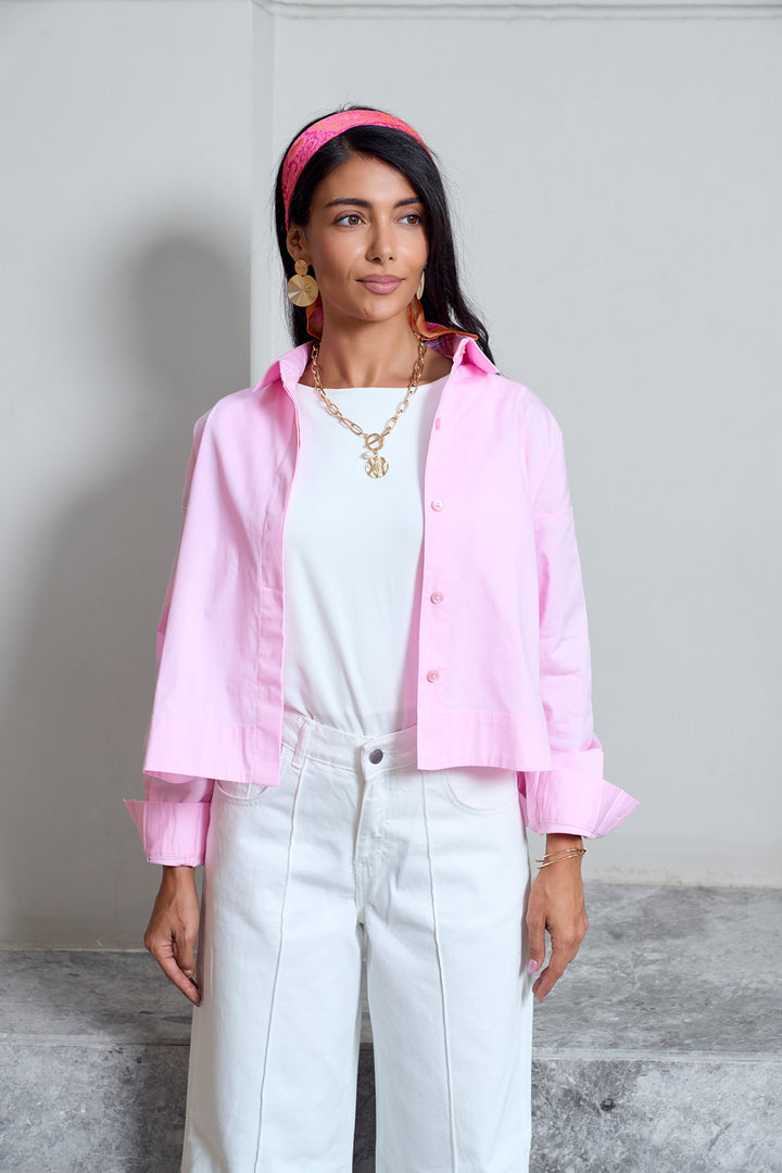 Cropped Poplin Shirt - Baby Pink