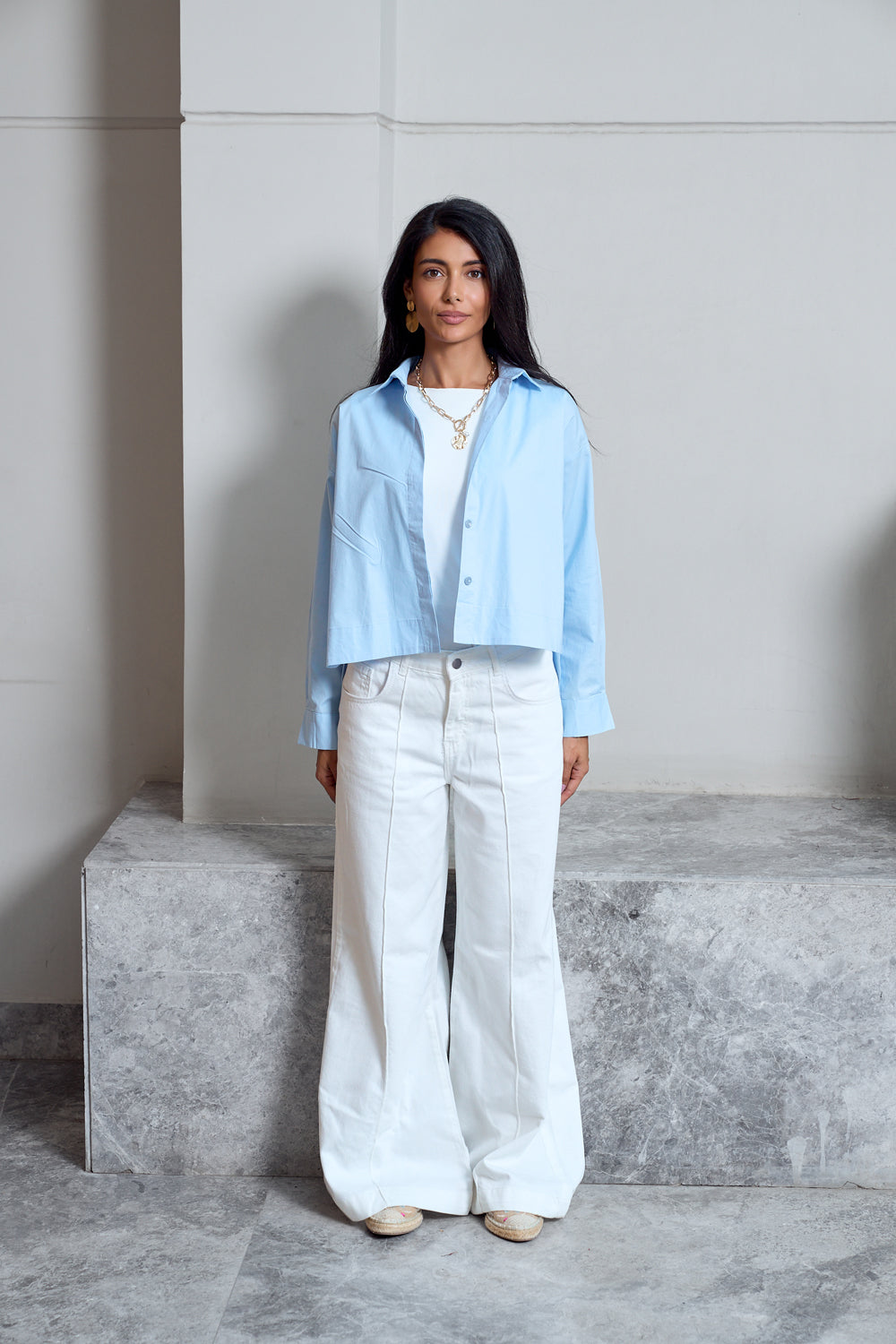 Cropped Poplin Shirt - Baby Blue