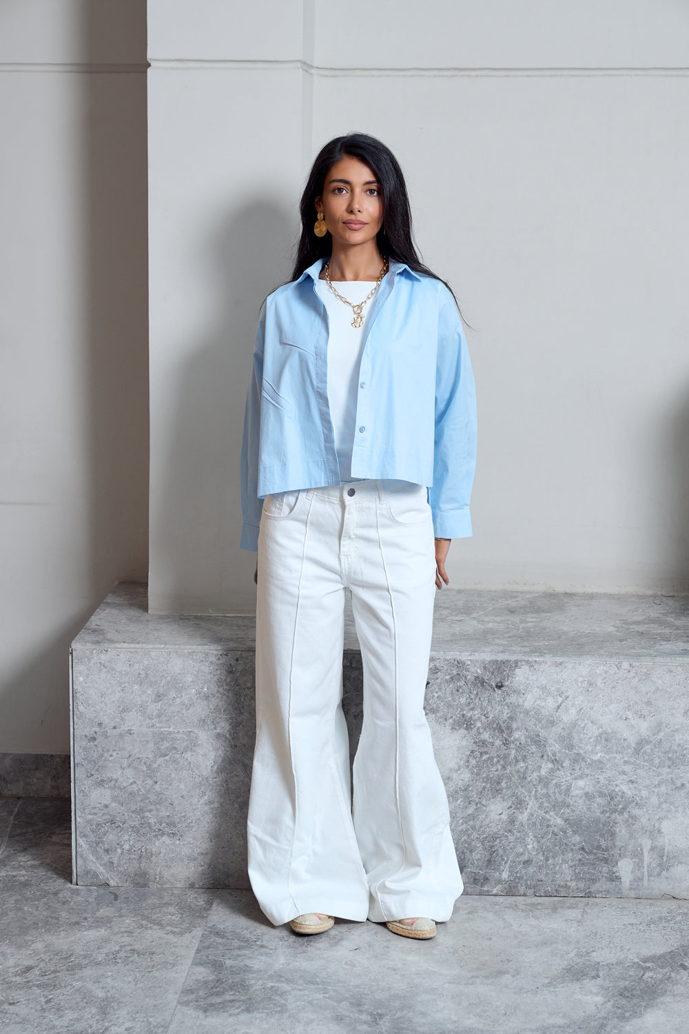 Cropped Poplin Shirt - Baby Blue