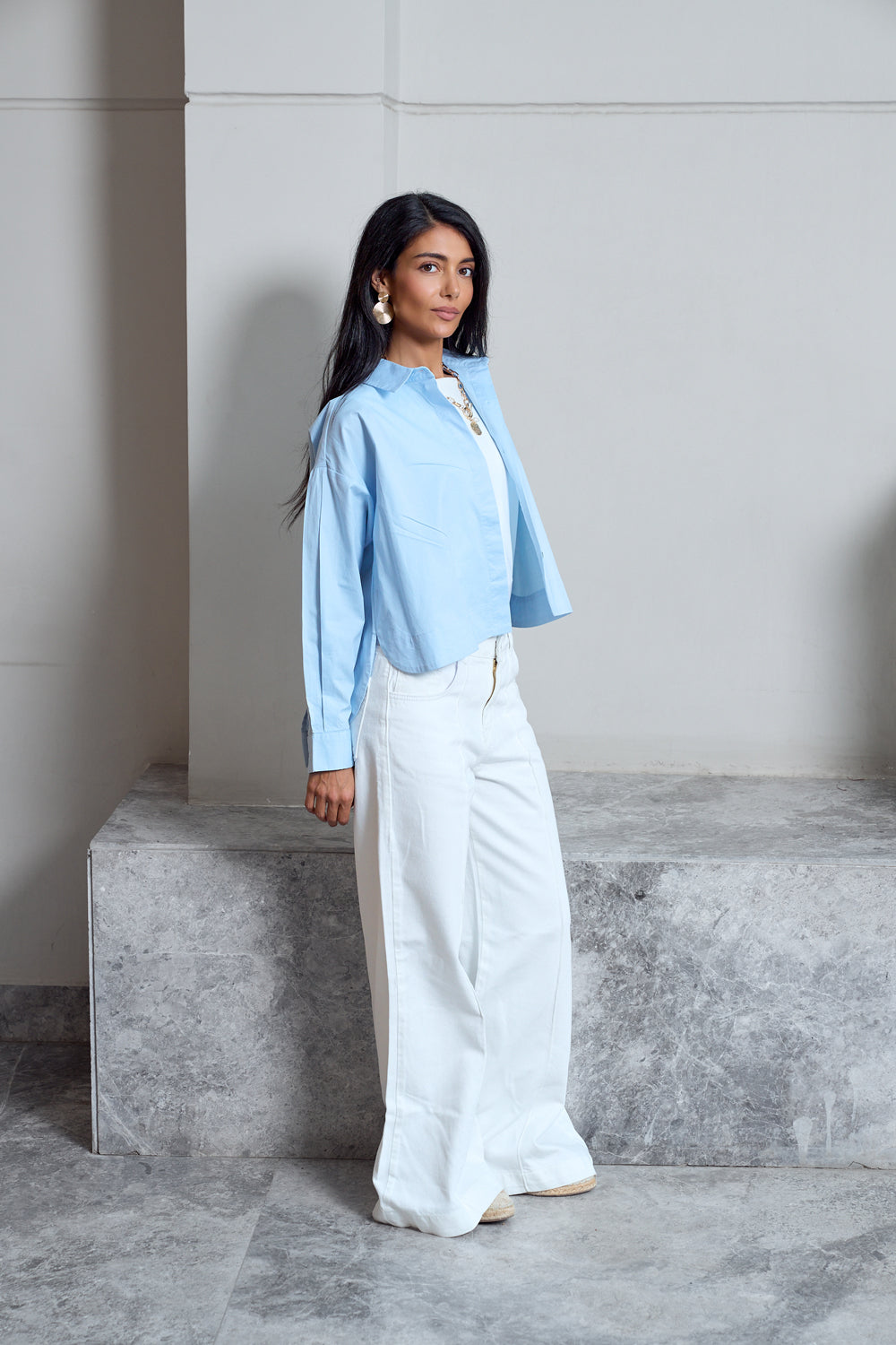 Cropped Poplin Shirt - Baby Blue
