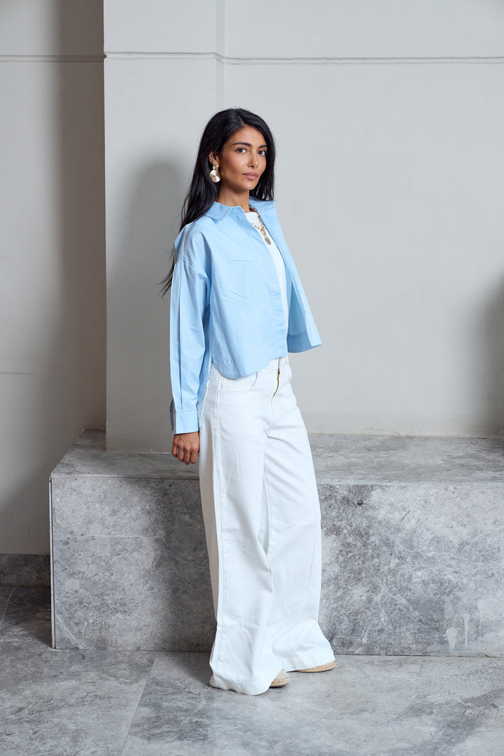 Cropped Poplin Shirt - Baby Blue