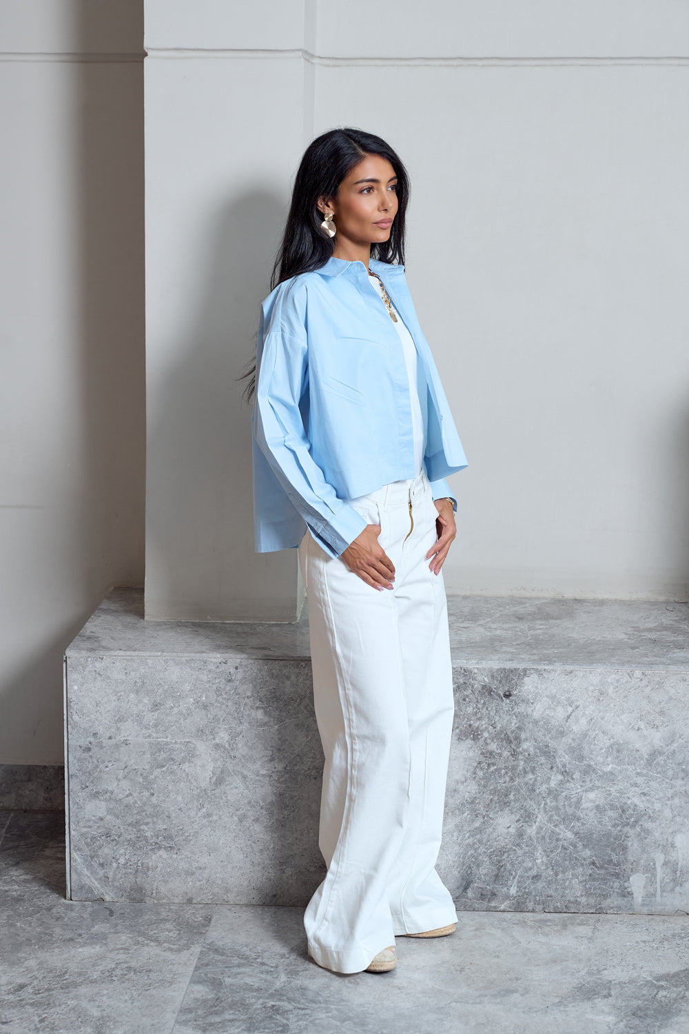 Cropped Poplin Shirt - Baby Blue