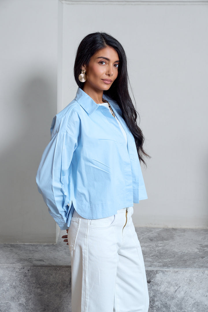 Cropped Poplin Shirt - Baby Blue