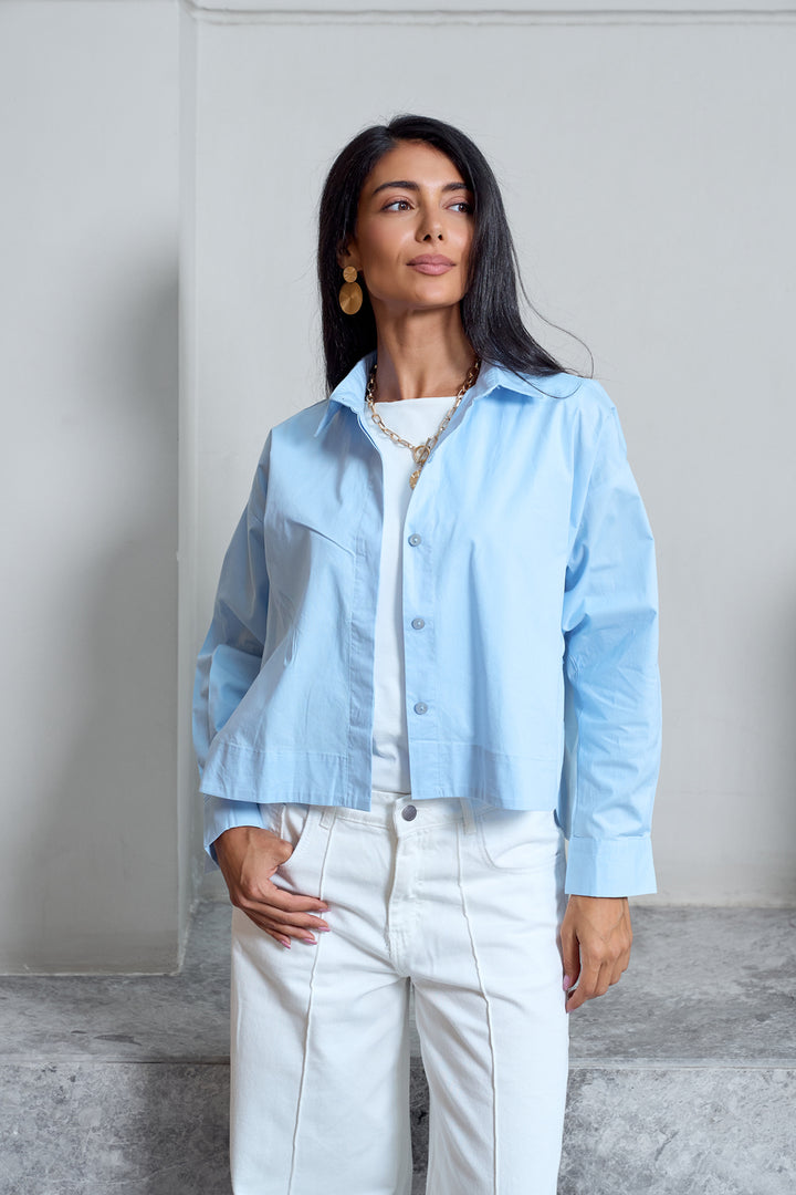 Cropped Poplin Shirt - Baby Blue