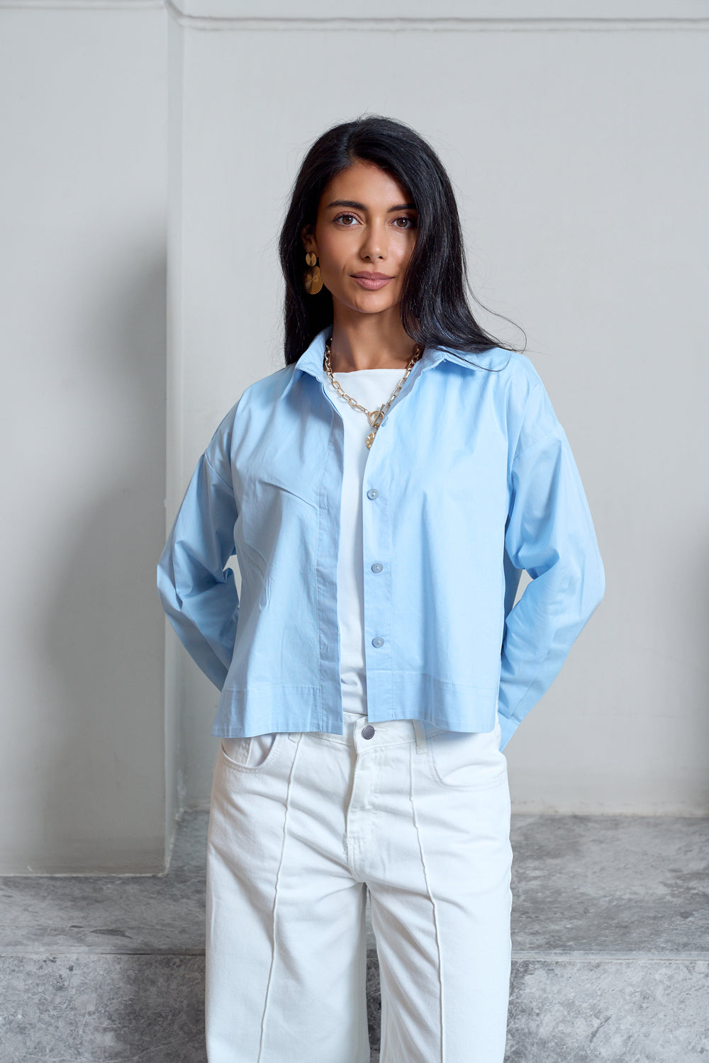 Cropped Poplin Shirt - Baby Blue