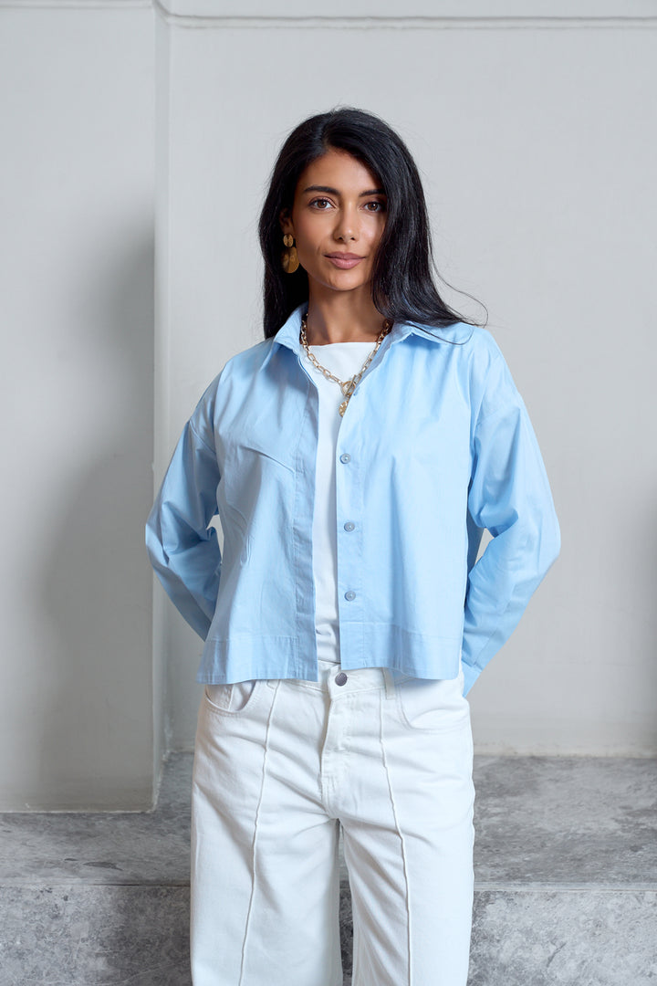Cropped Poplin Shirt - Baby Blue