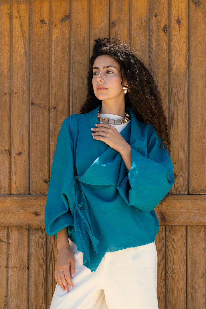 The linen jacket - teal blue