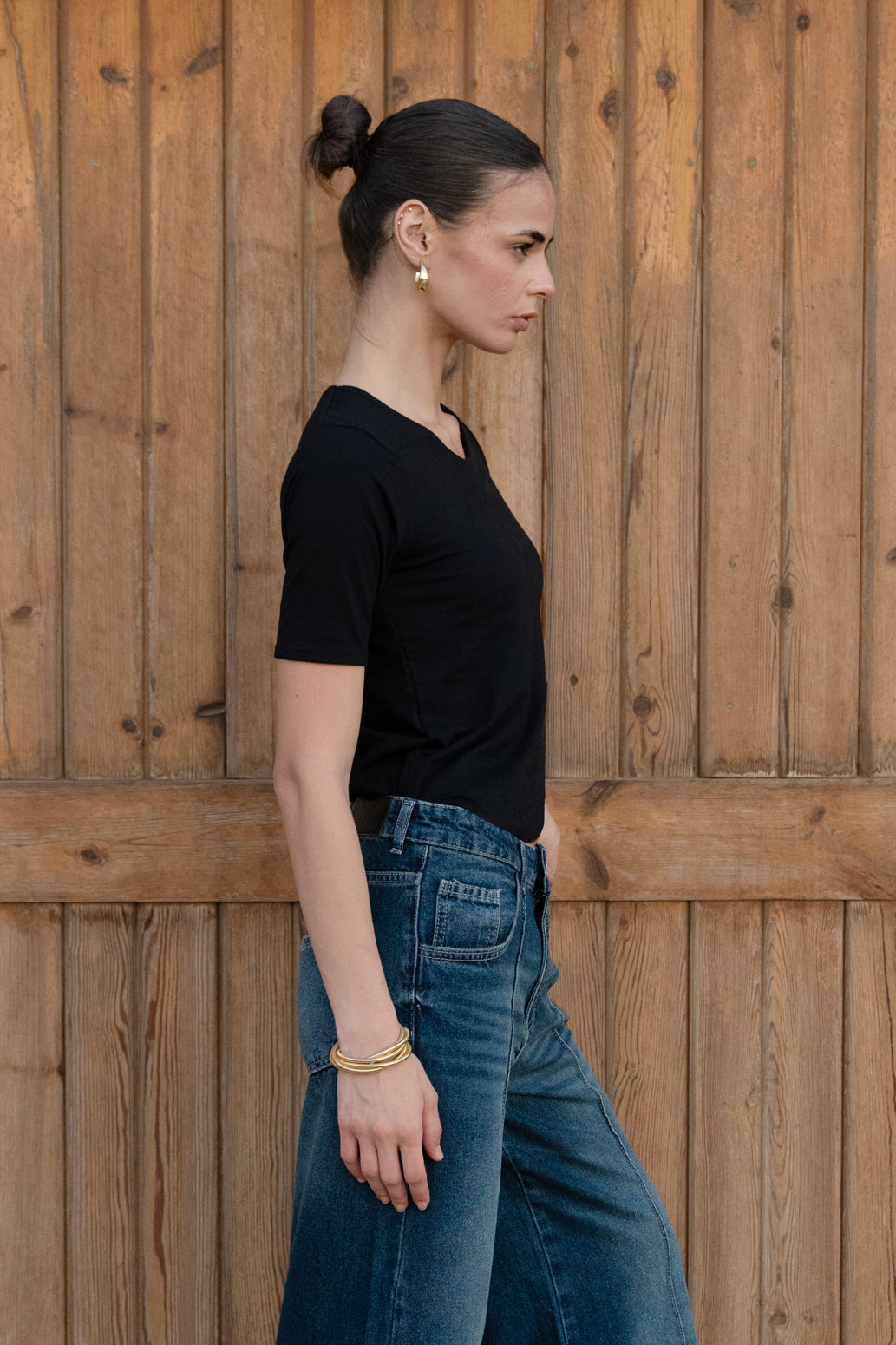 Essential Cotton Half Sleeves Double Layered Top - Black