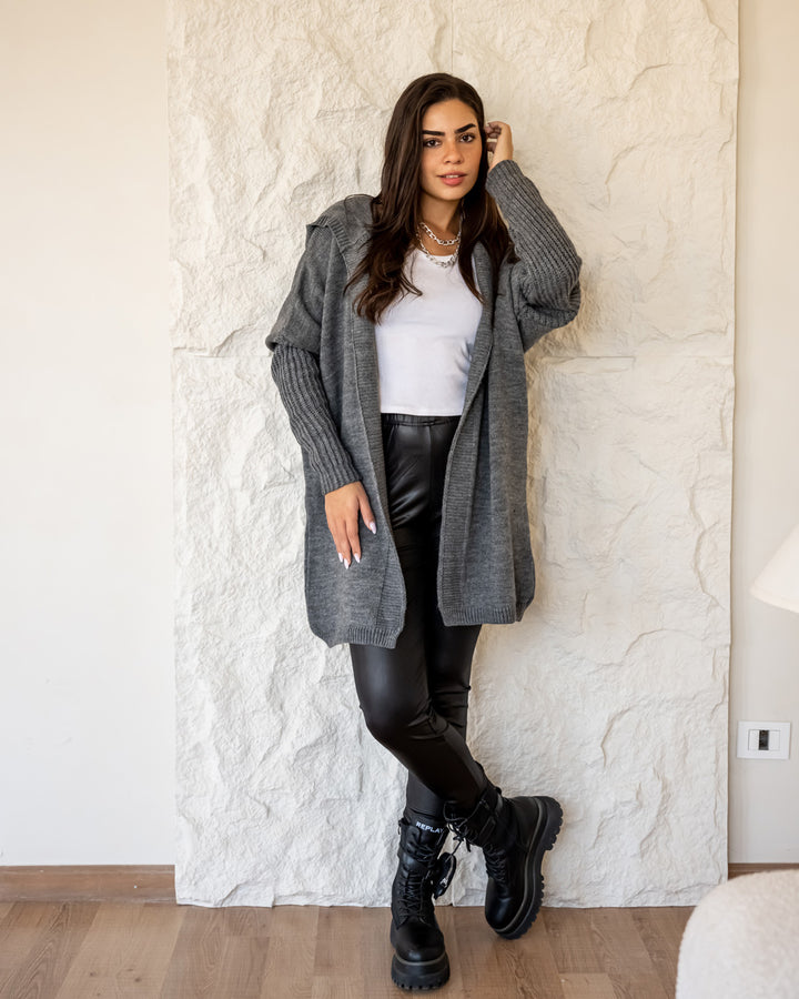 Hooded Knit Cardigan - Grey