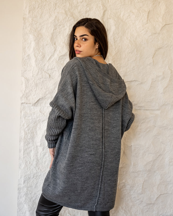 Hooded Knit Cardigan - Grey