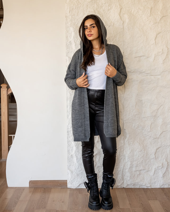 Hooded Knit Cardigan - Grey