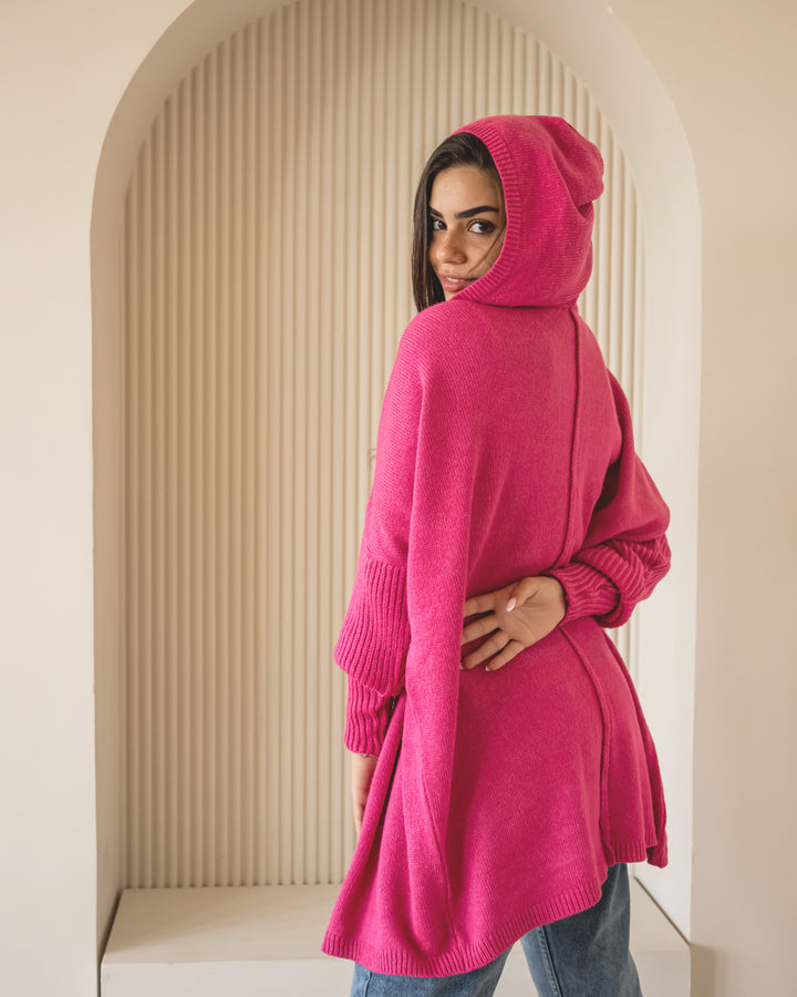 Hooded Knit Cardigan - Hot Pink