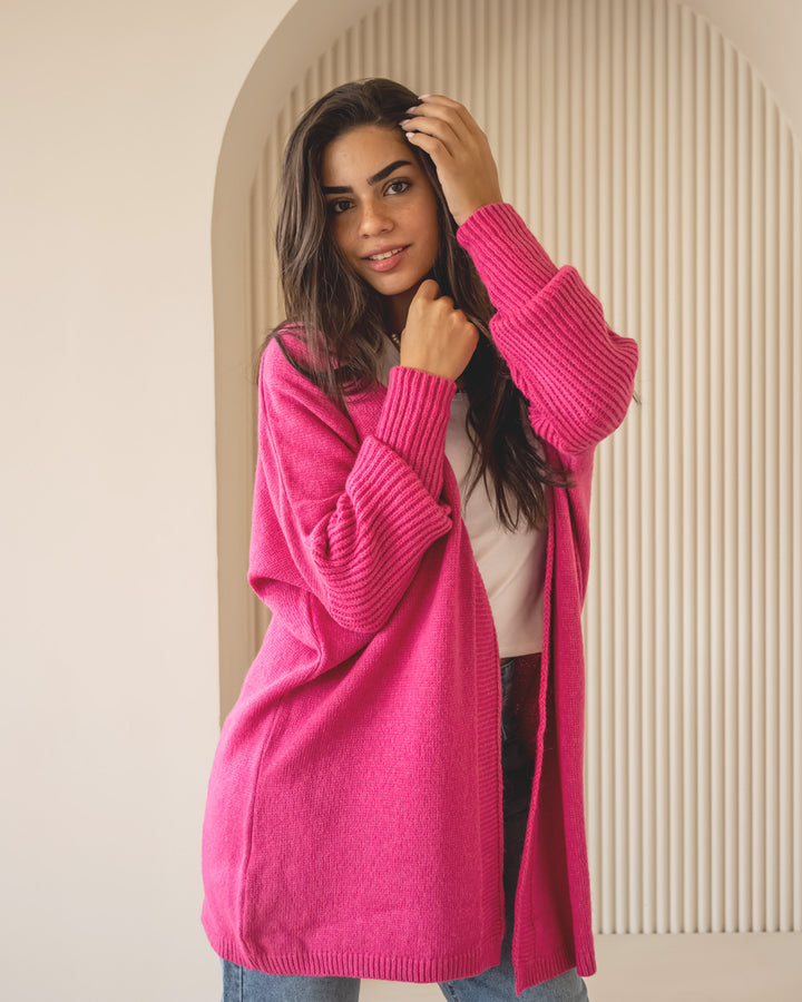 Hooded Knit Cardigan - Hot Pink