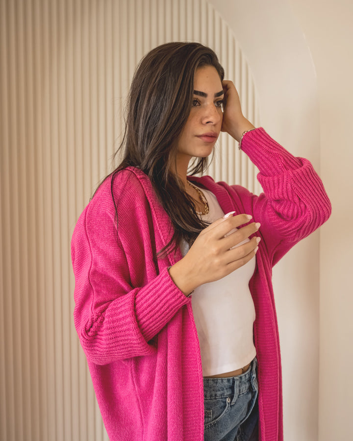 Hooded Knit Cardigan - Hot Pink