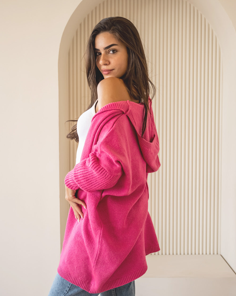 Hooded Knit Cardigan - Hot Pink