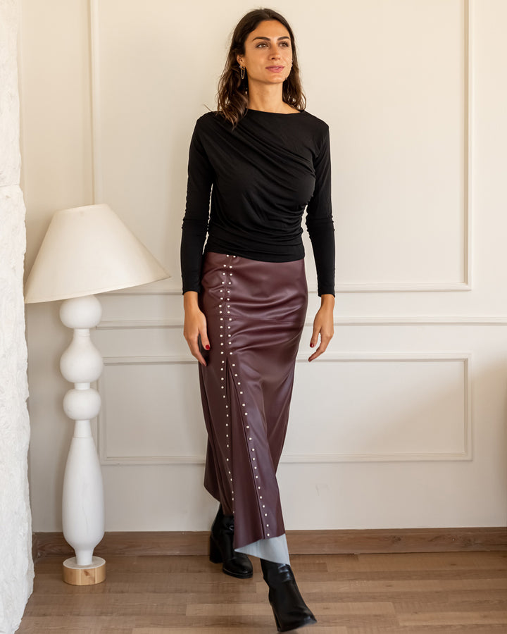 Studded Leather Skirt - Burgundy