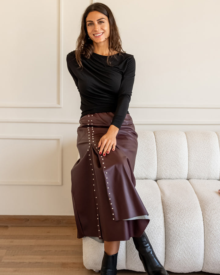 Studded Leather Skirt - Burgundy