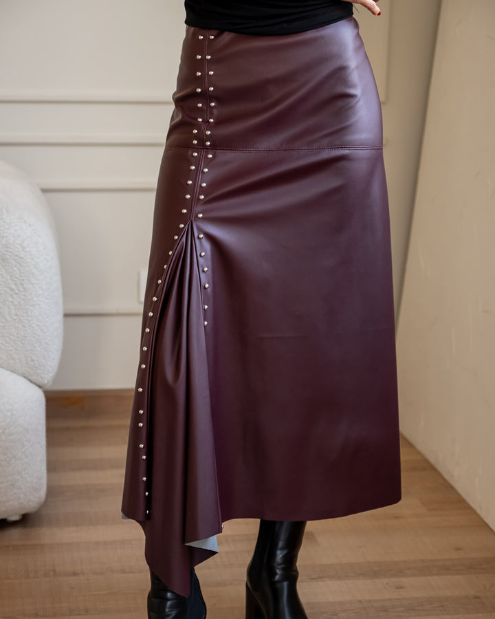 Studded Leather Skirt - Burgundy