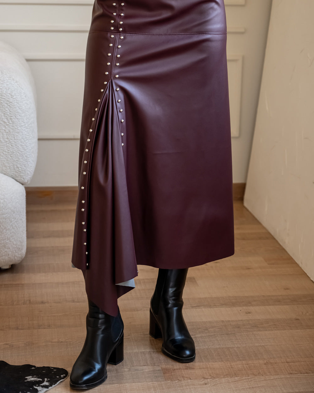 Studded Leather Skirt - Burgundy