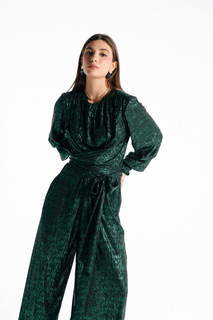 Shimmery Wide Leg  Jumpsuit - Green