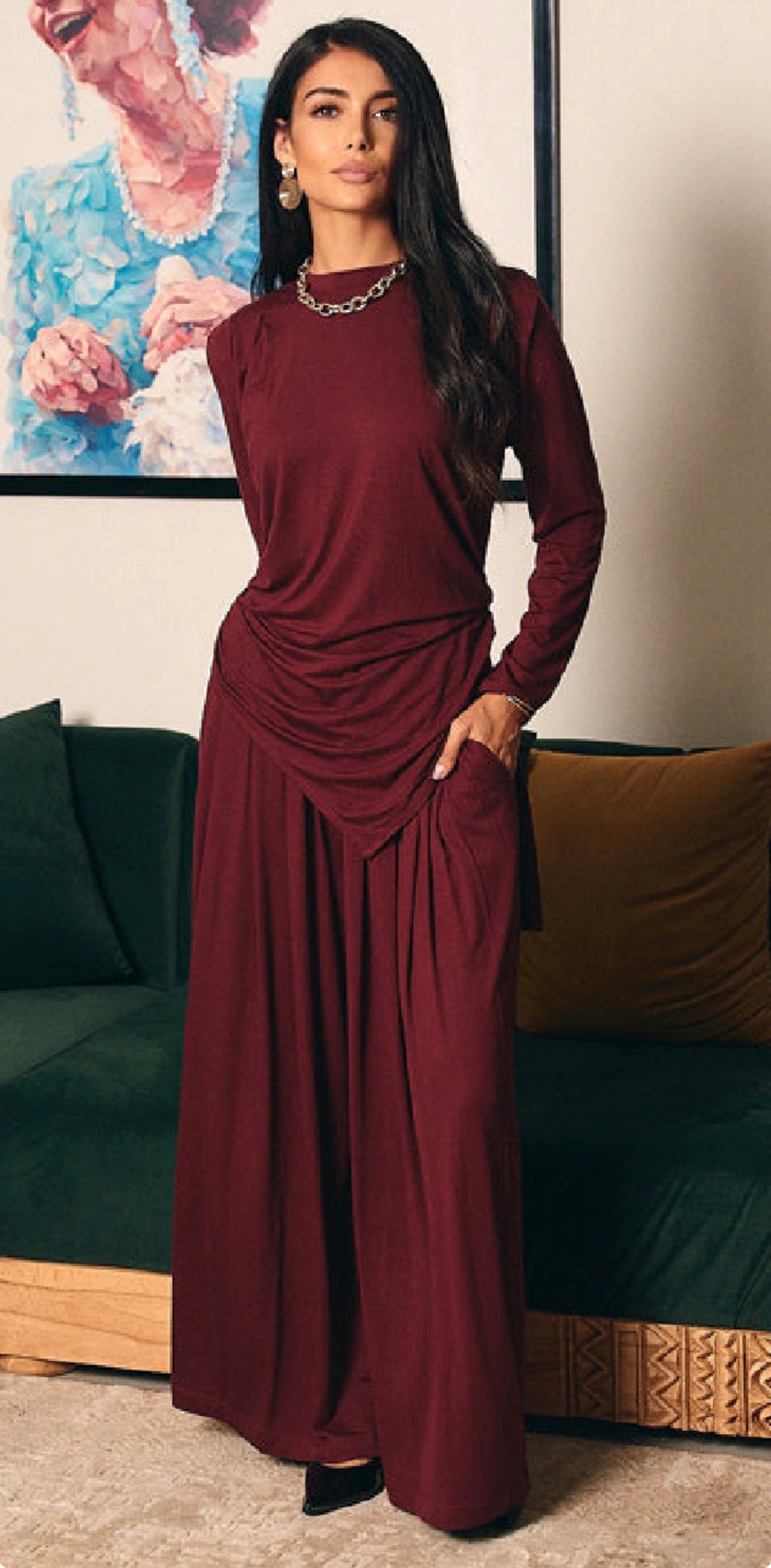 Draped Cotton Set - Burgundy