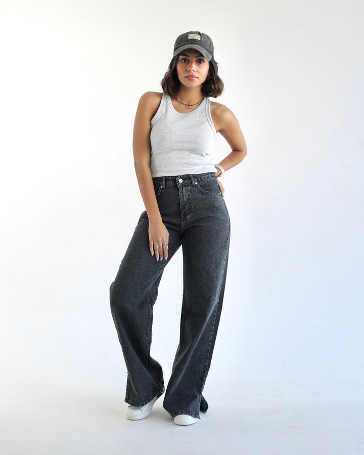 Straight Wide Leg Jeans - Dark Grey