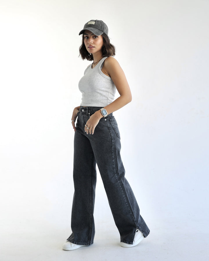 Straight Wide Leg Jeans - Dark Grey