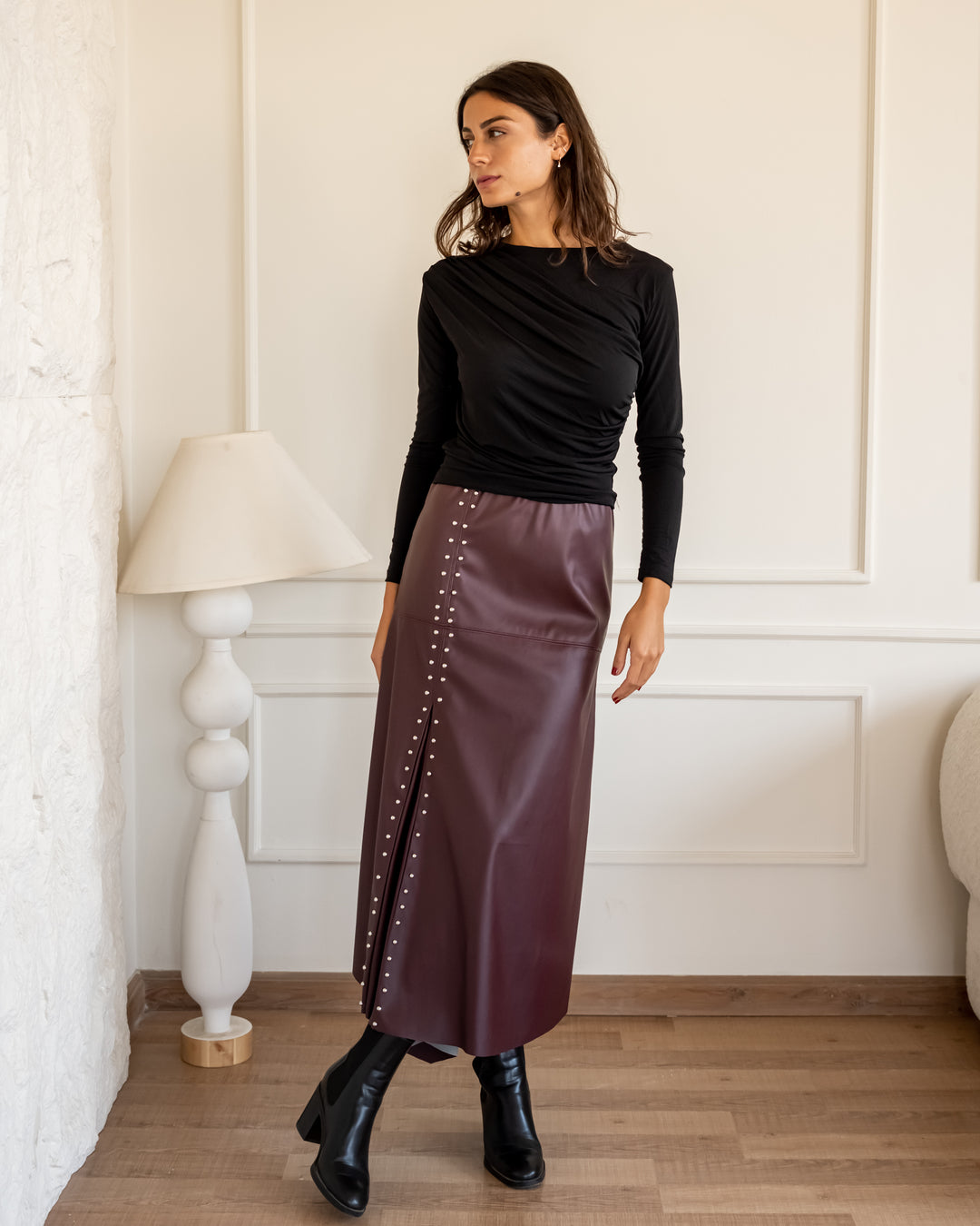 Studded Leather Skirt - Burgundy