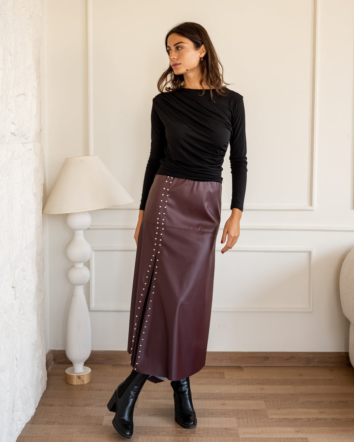 Studded Leather Skirt - Burgundy