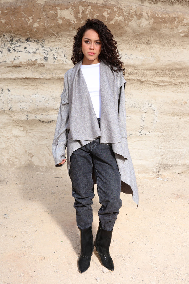 Asymmetric Shimmery Cardigan - Grey