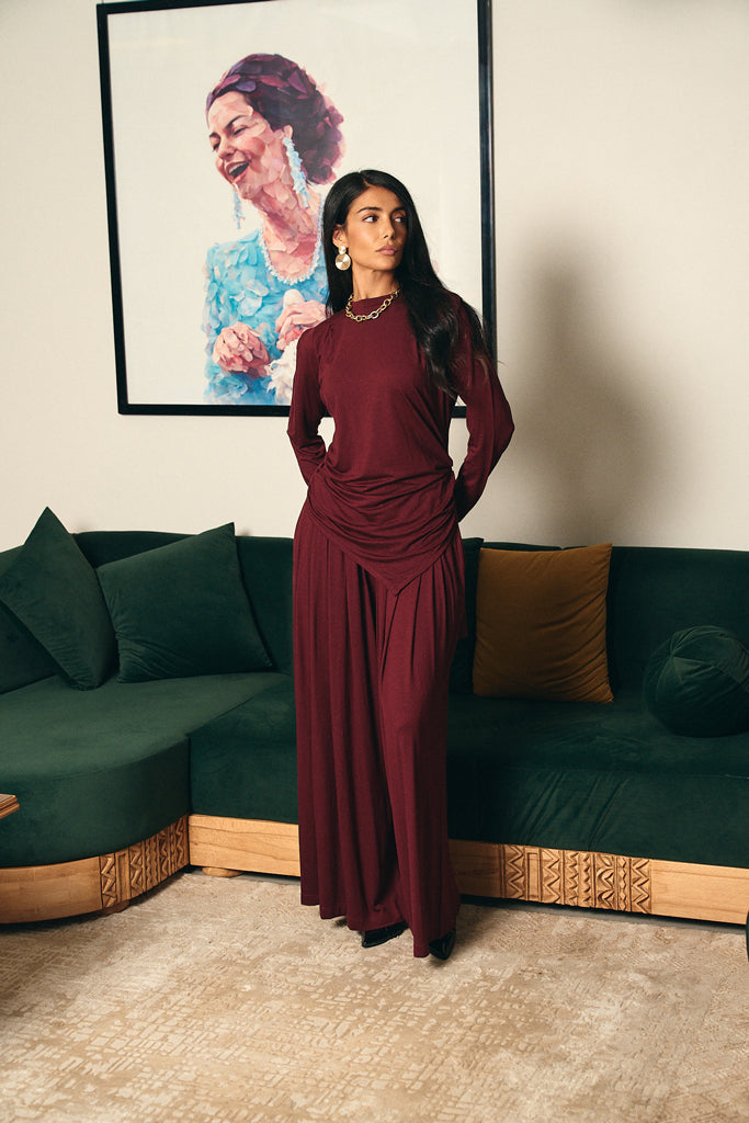 Draped Cotton Set - Burgundy