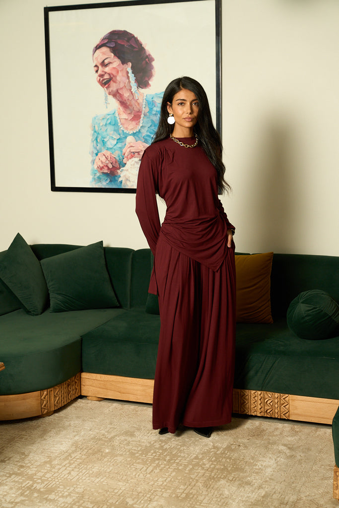 Draped Cotton Set - Burgundy