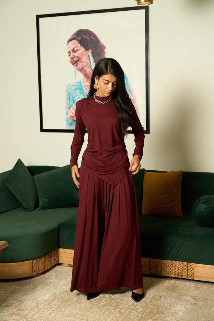 Draped Cotton Set - Burgundy