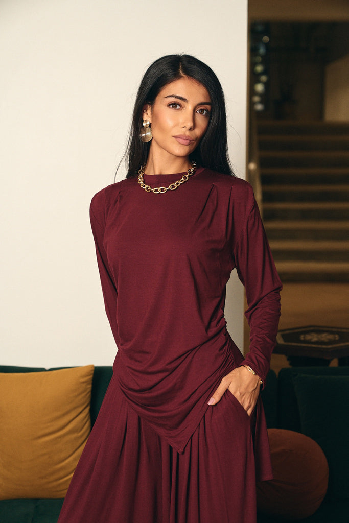 Draped Cotton Set - Burgundy
