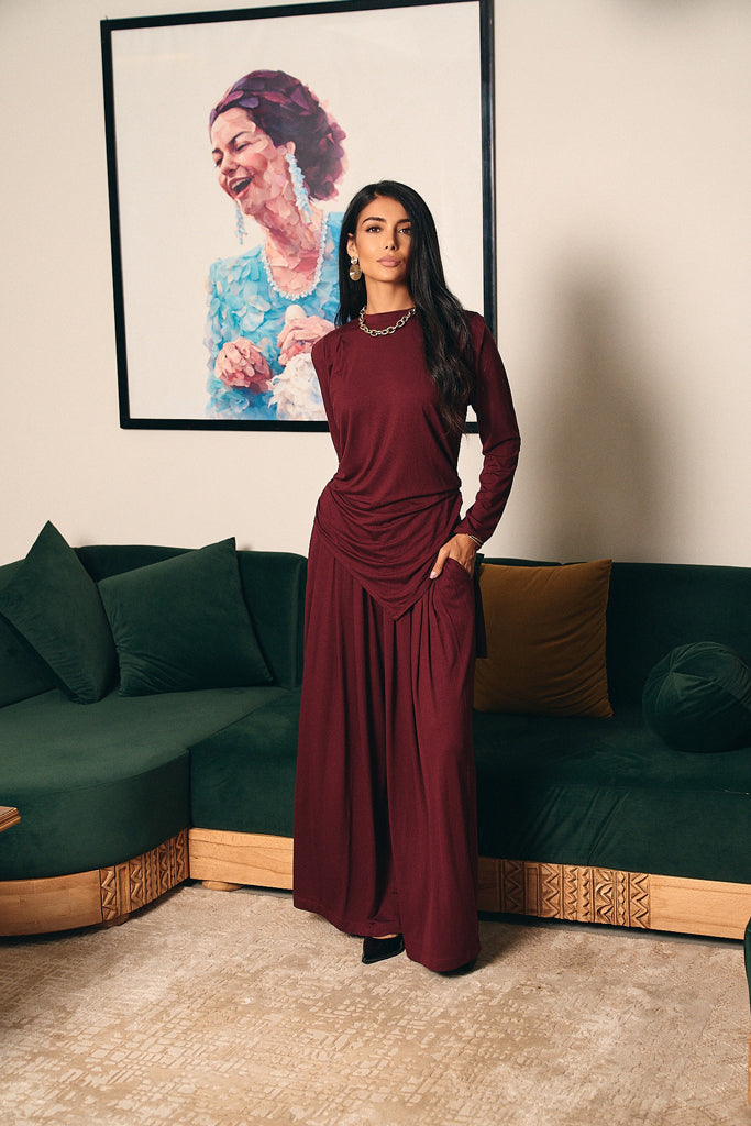Draped Cotton Set - Burgundy