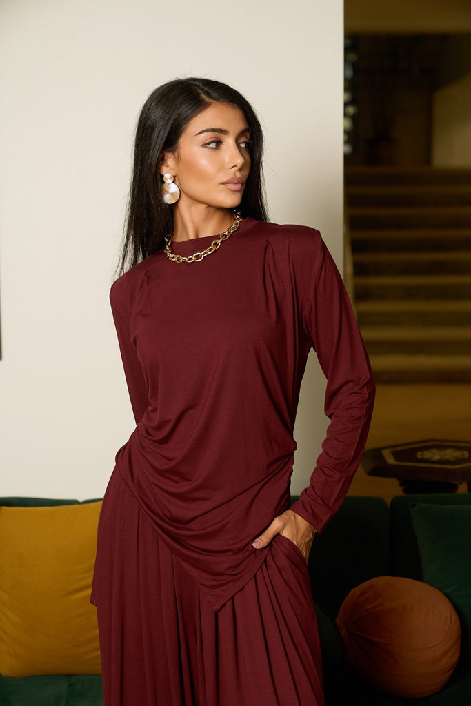 Draped Cotton Set - Burgundy
