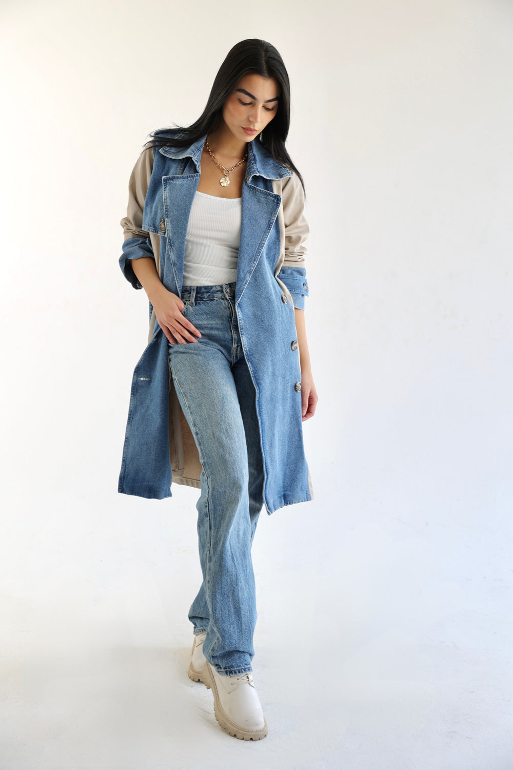 Denim Trench Coat- Beige