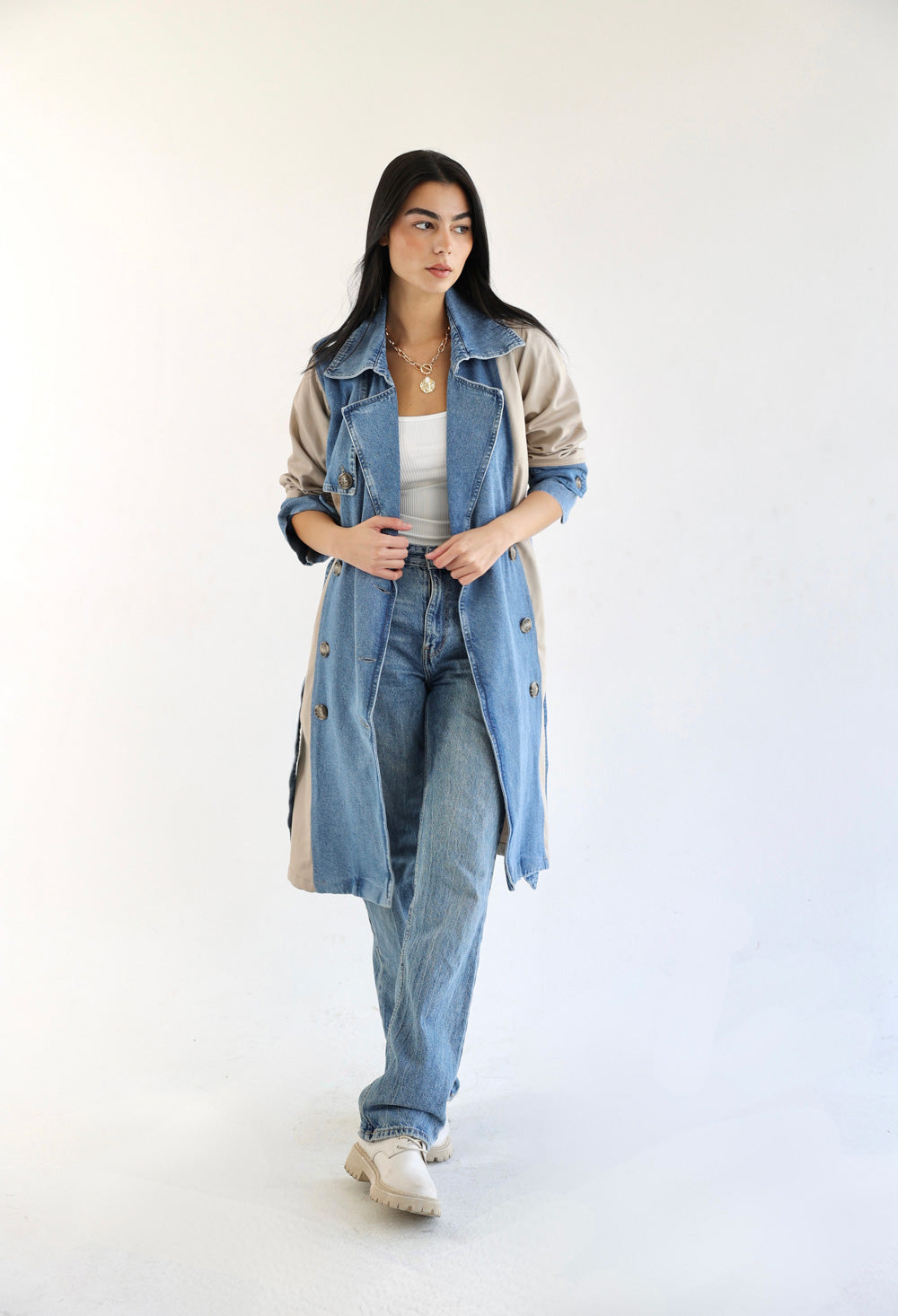 Denim Trench Coat- Beige