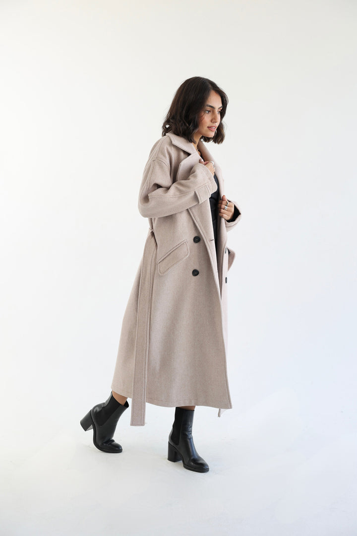 Wool Blend Oversized Coat - Beige