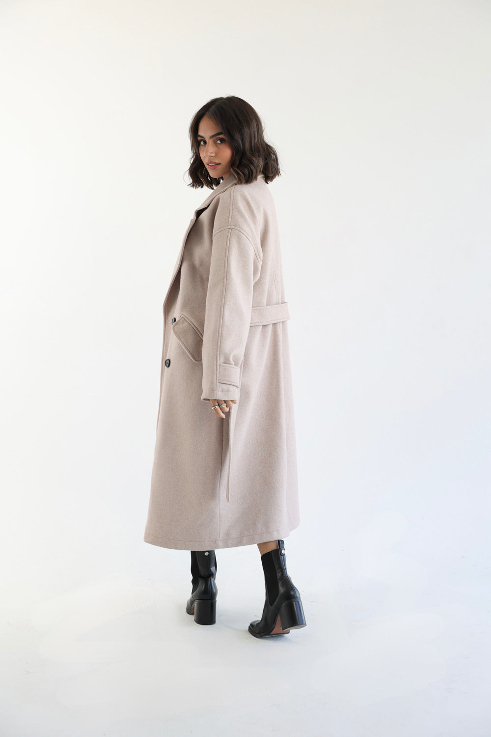 Wool Blend Oversized Coat - Beige