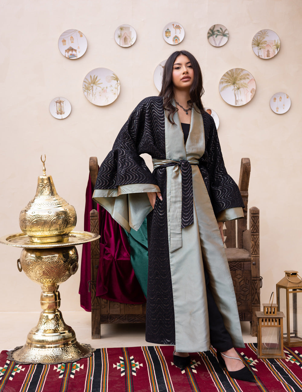 Taffeta Puffy Sleeves Abaya - Beige