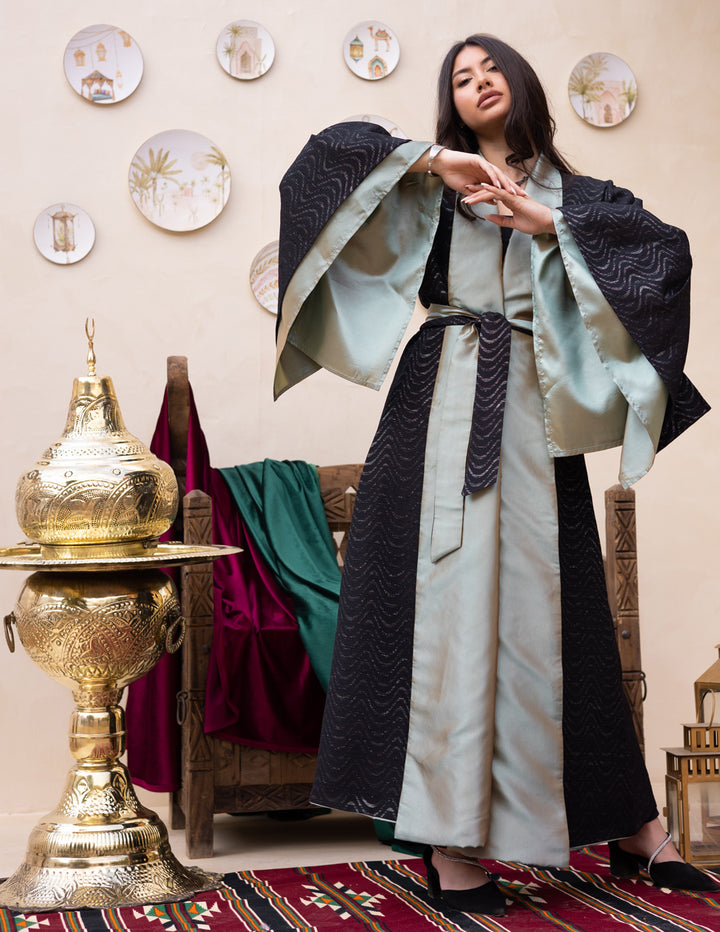 Taffeta Puffy Sleeves Abaya - Beige