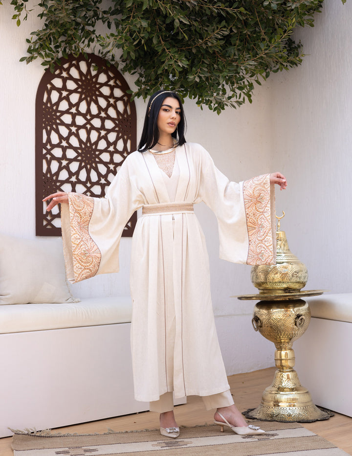 Embroidered linen Kaftan - Beige