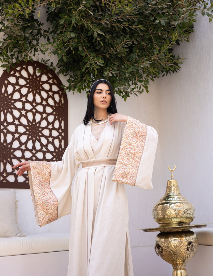 Embroidered linen Kaftan - Beige