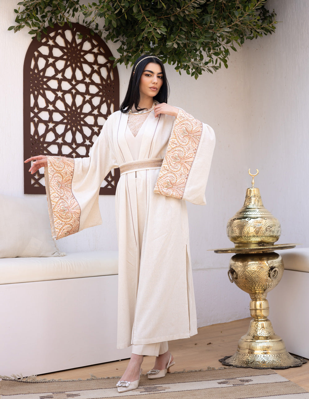 Embroidered linen Kaftan - Beige