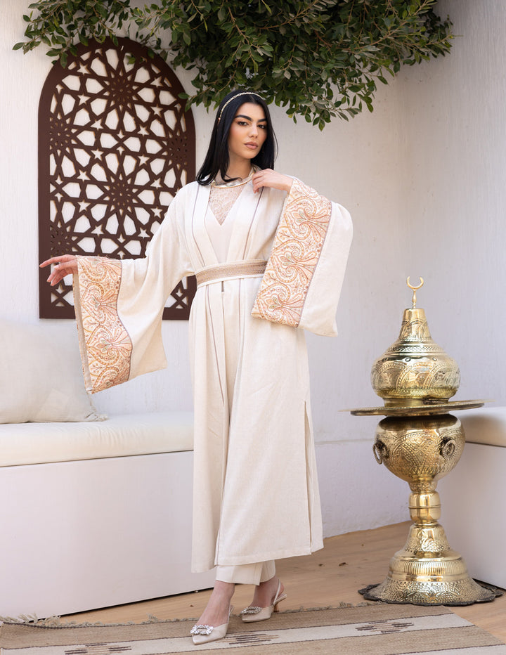 Embroidered linen Kaftan - Beige